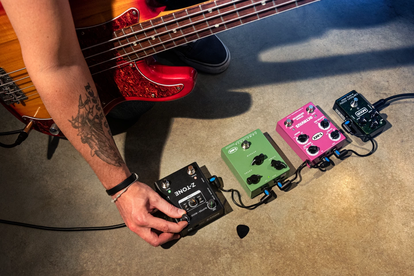The Z-Tone Buffer Boost is placed at the beginning of a pedal signal chain to shape the instrument's tone before effects and modulation start to influence the sound