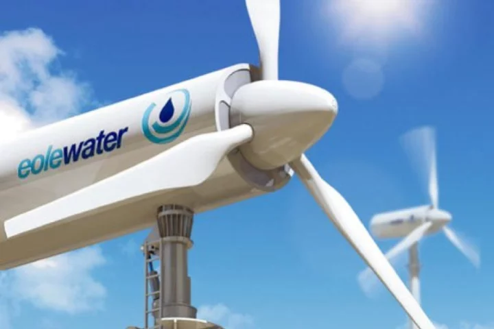 Eolewater's WMS1000 wind-driven water-harvesting system uses on-board cooling units to chill the air until its moisture condenses
