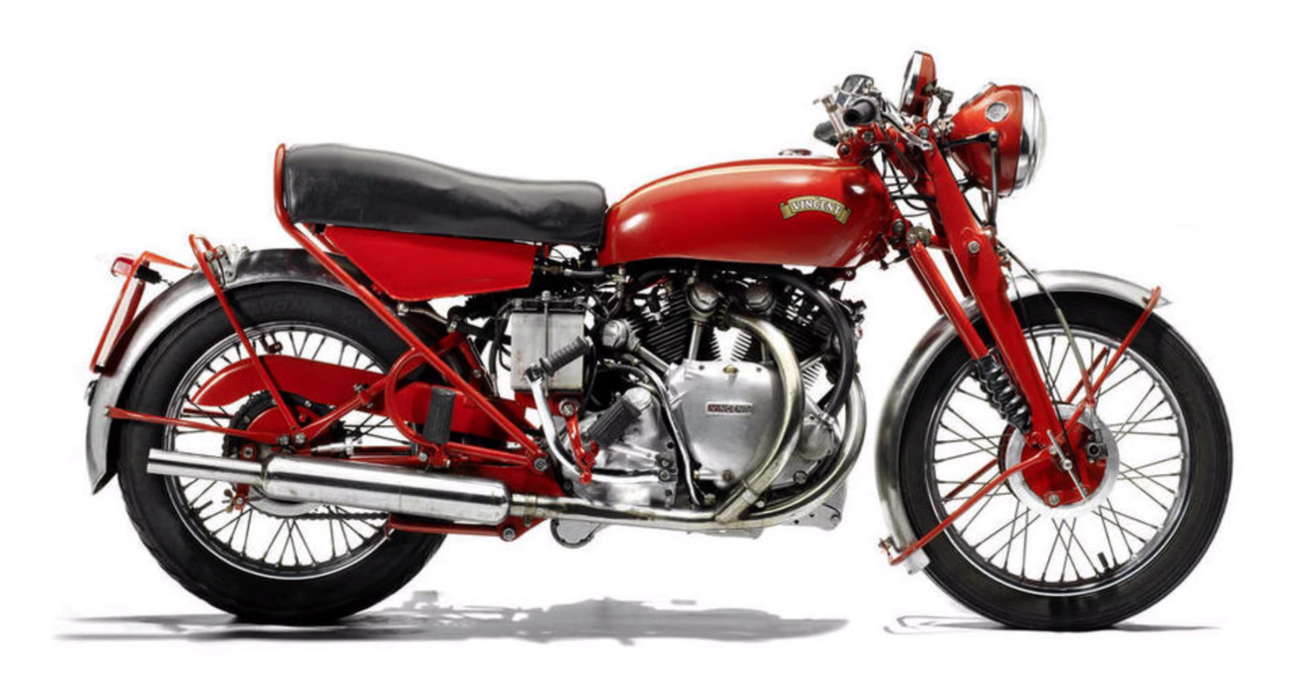 This 1955 Vincent Rapide Series-D was red when acquired and no evidence of black paint has been found beneath the red, suggesting that this motorcycle may be one of those Vincents periodically produced in small batches finished in this non-traditional color scheme, mainly for the North American market. Noteworthy features of this particular machine include an Alton 12-volt generator, Grosset electric starter, electronic ignition and a Dave Hills center stand (original stand included). It is estimated to fetch between £30,000 and 36,000 ($44,000 - 53,000)Auction Page