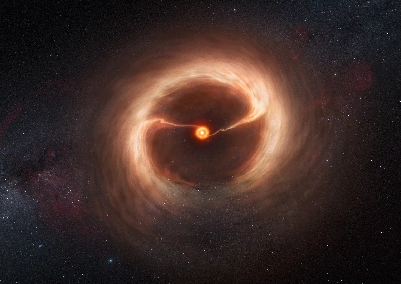 This artist’s impression shows the disc of gas and cosmic dust around the young star HD 142527