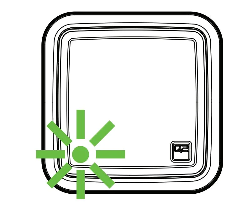 When the green LED blinks, the Q2 has found the network and is looking for the assigned radio station