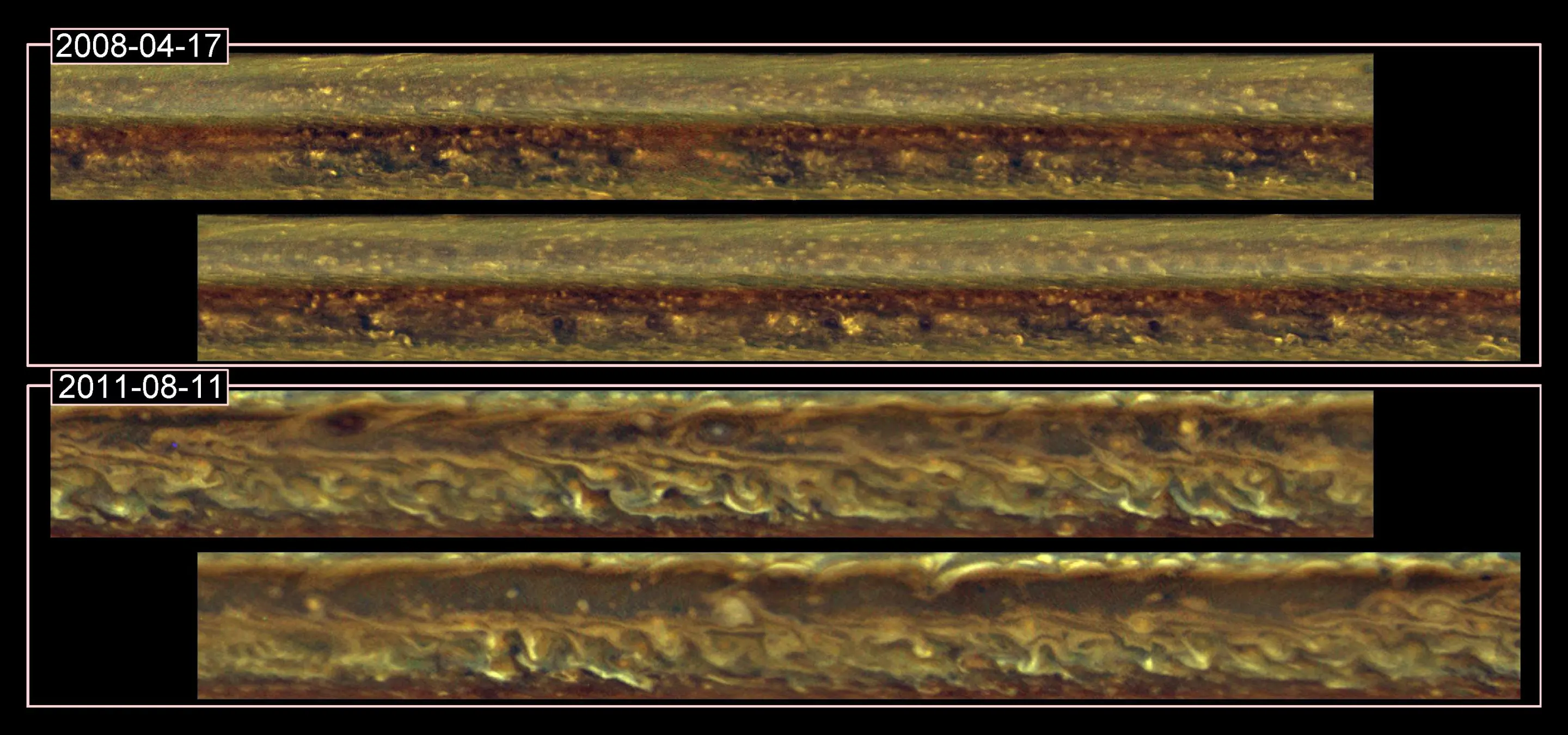 Set of images from NASA's Cassini spacecraft showing cloud patterns in a band around Saturn before a monstrous thunder-and-lightning storm erupted and again after the head of the storm had disappeared (Image: NASA/JPL-Caltech/SSI/Hampton University)