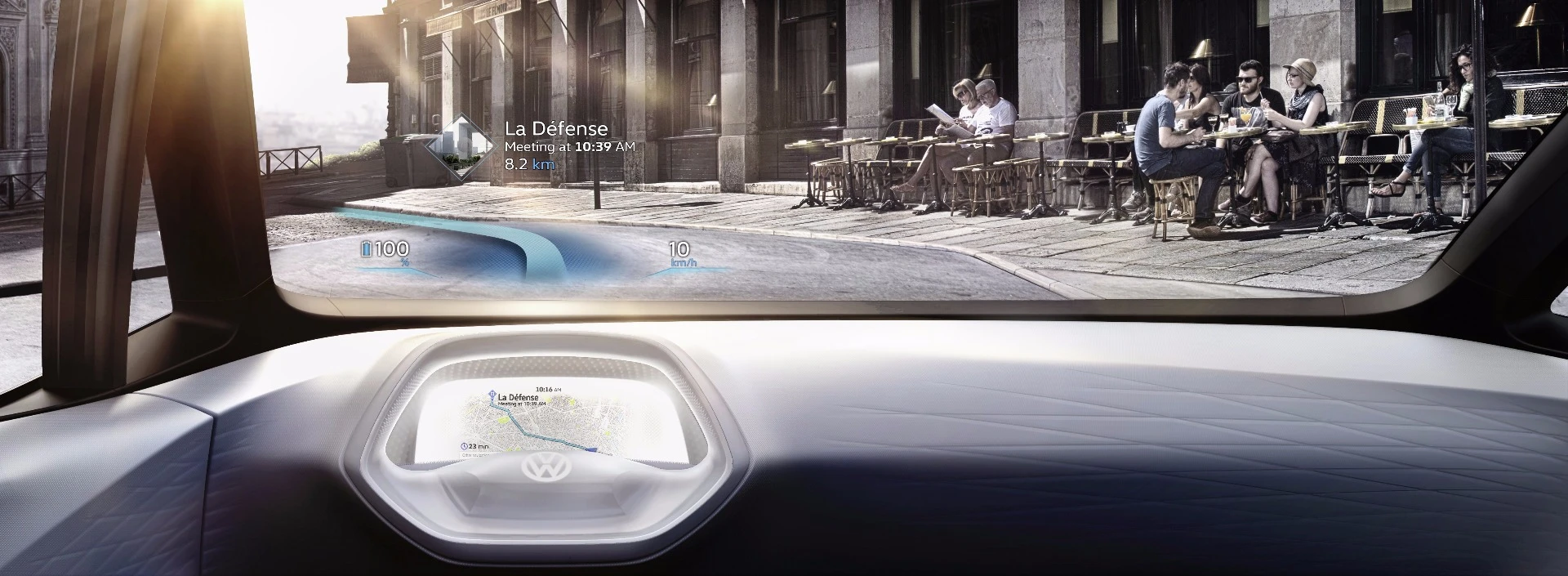 An augmented reality head-up display in the VW ID projects arrows and navigational images out at a perceived distance of 23 to 49 feet