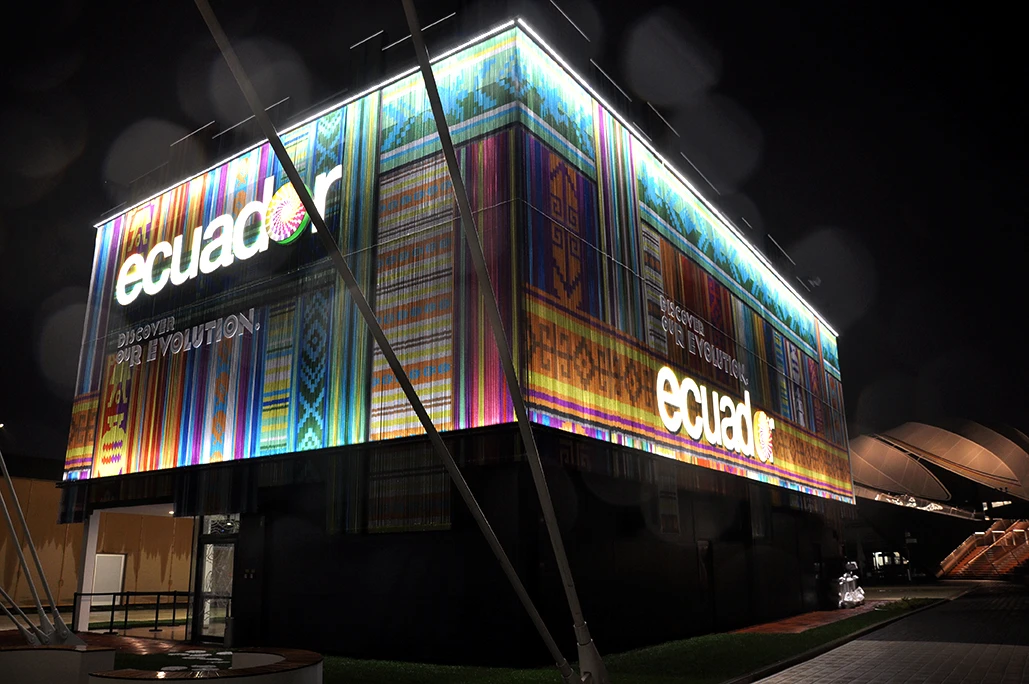 Tje Ecuador Pavillion features a colorful facade