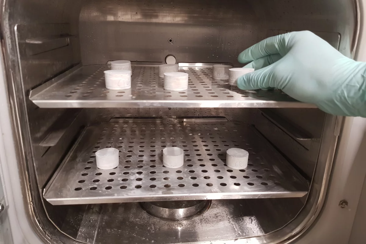 Samples of the cement paste, containing different concentrations of titanium dioxide and different water-to-cement ratios, were placed into a chamber where they were exposed to higher CO2 concentrations