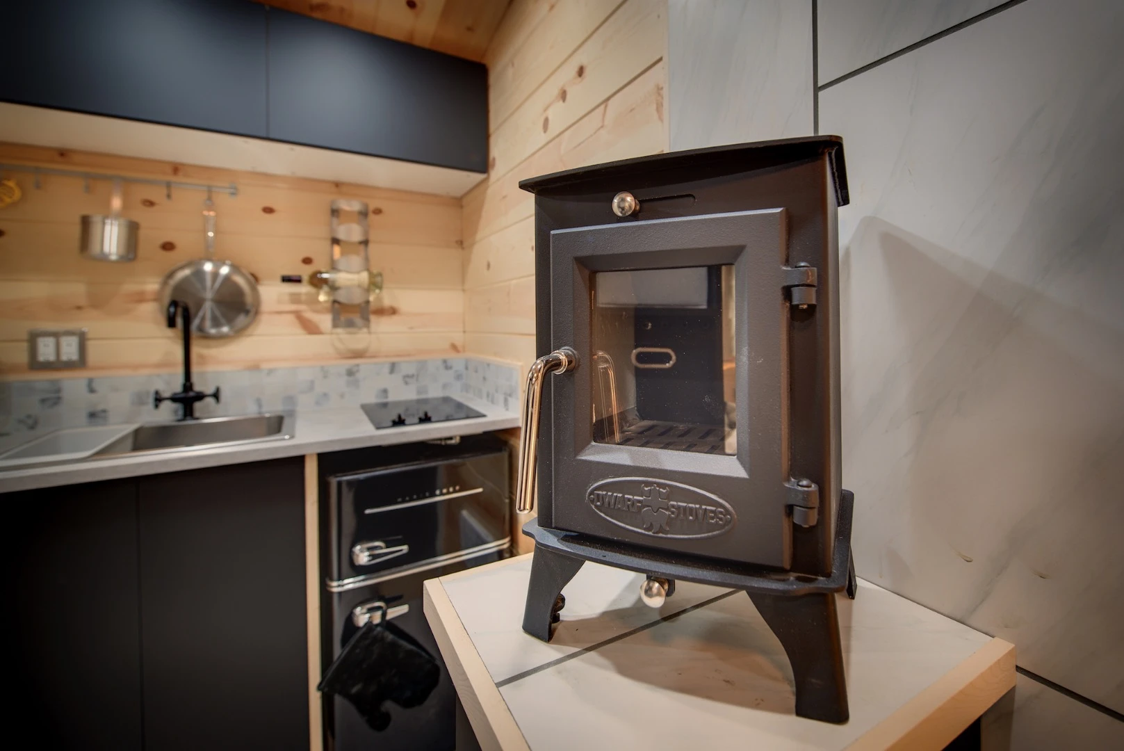 The Acorn is heated by a wood-burning stove