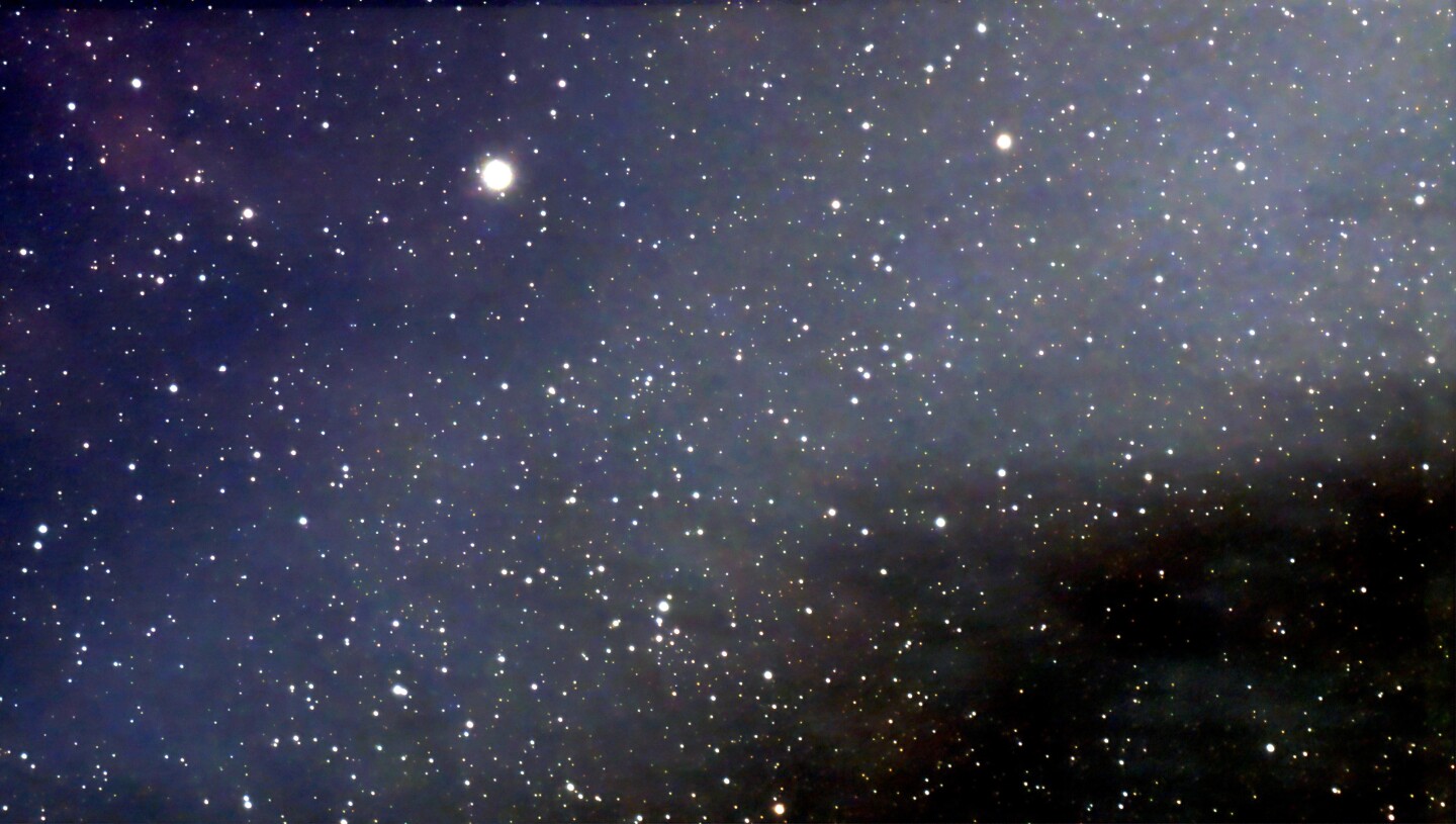 Stacked image of the Western Veil of Cygnus - shutter at 60, gain at 60, stack count 40 (image tweaked using GIMP)