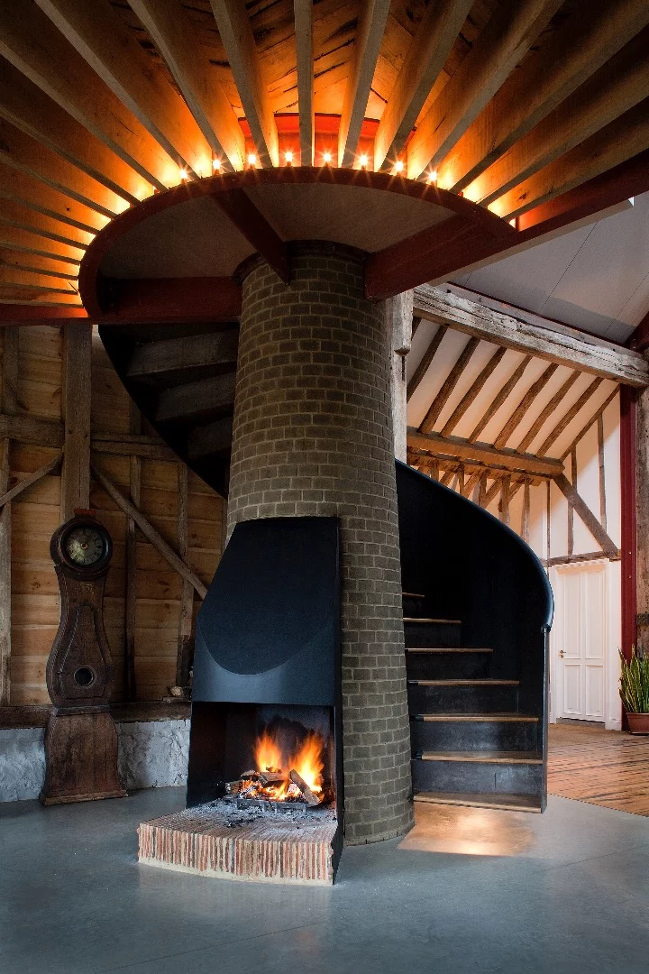 The impressive chimney and staircase