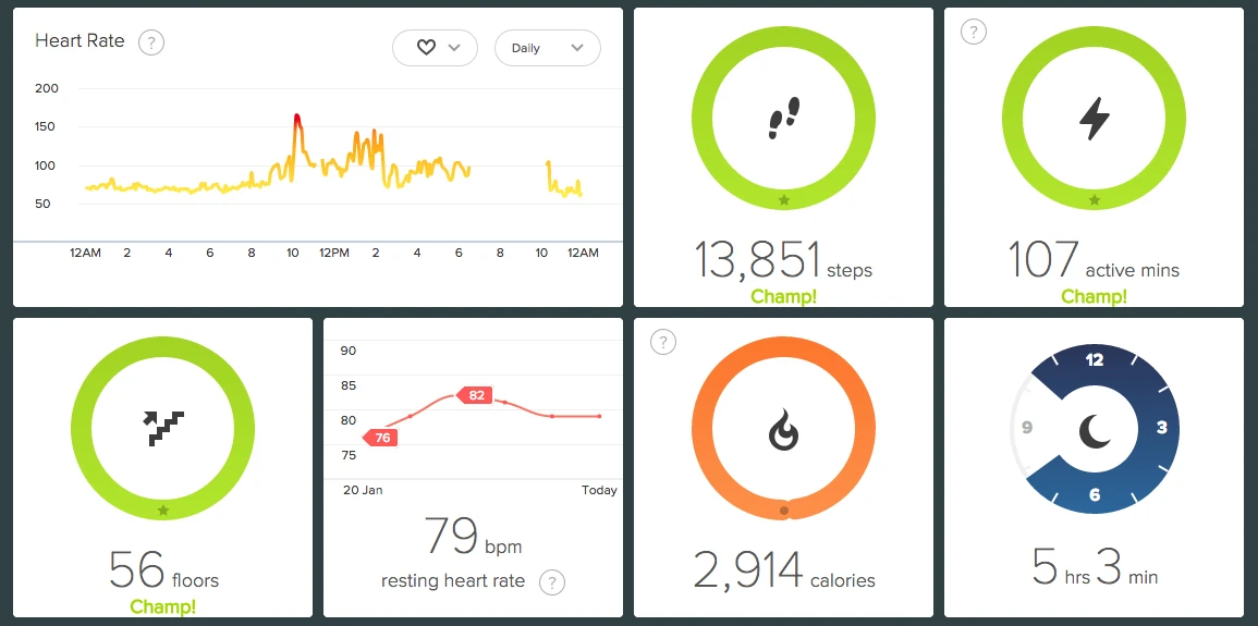 The Fitbit web dashboard presents activity history in a nice clean layout