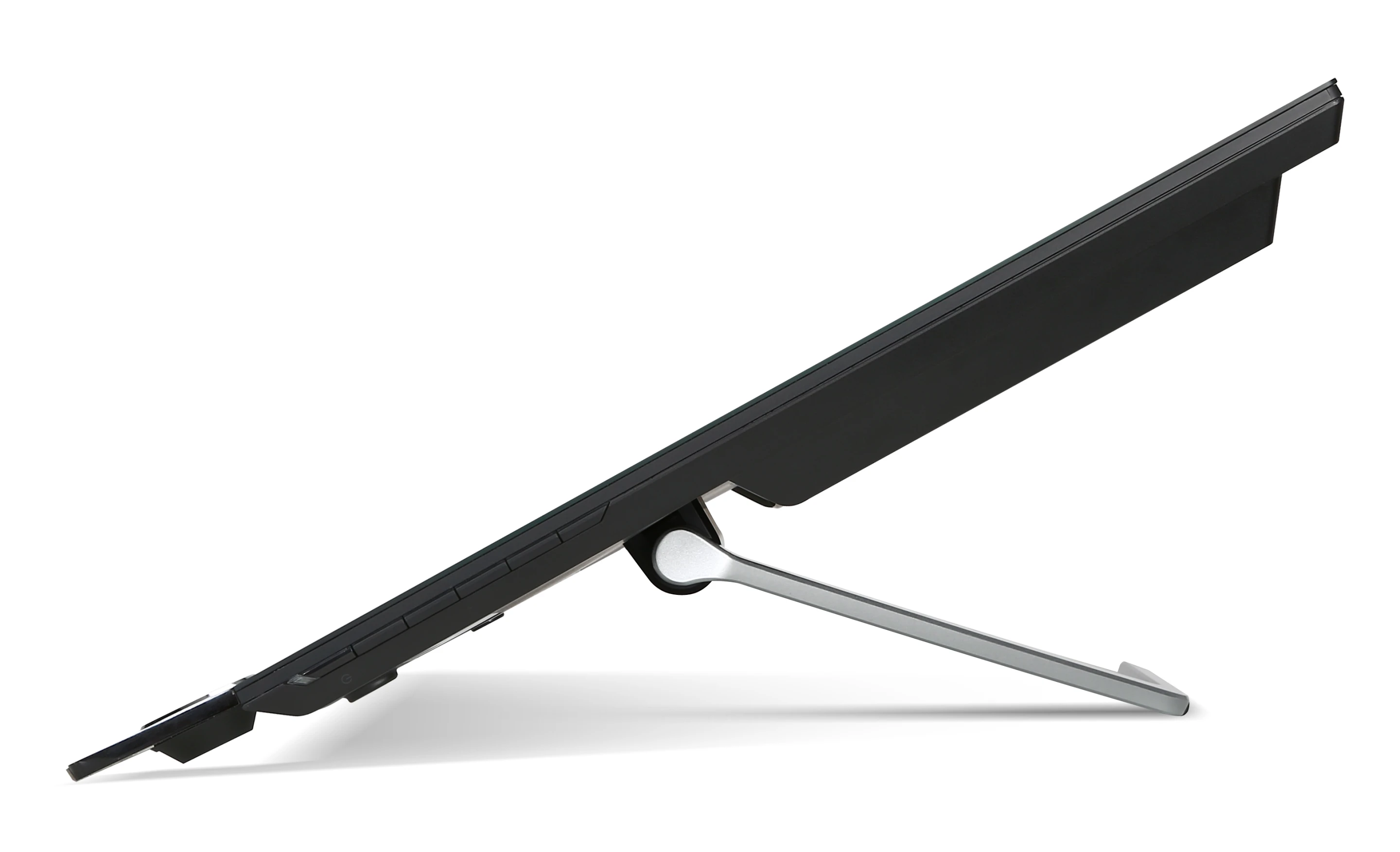 An asymmetric stand to the rear caters for a 30 to 80 degree tilt