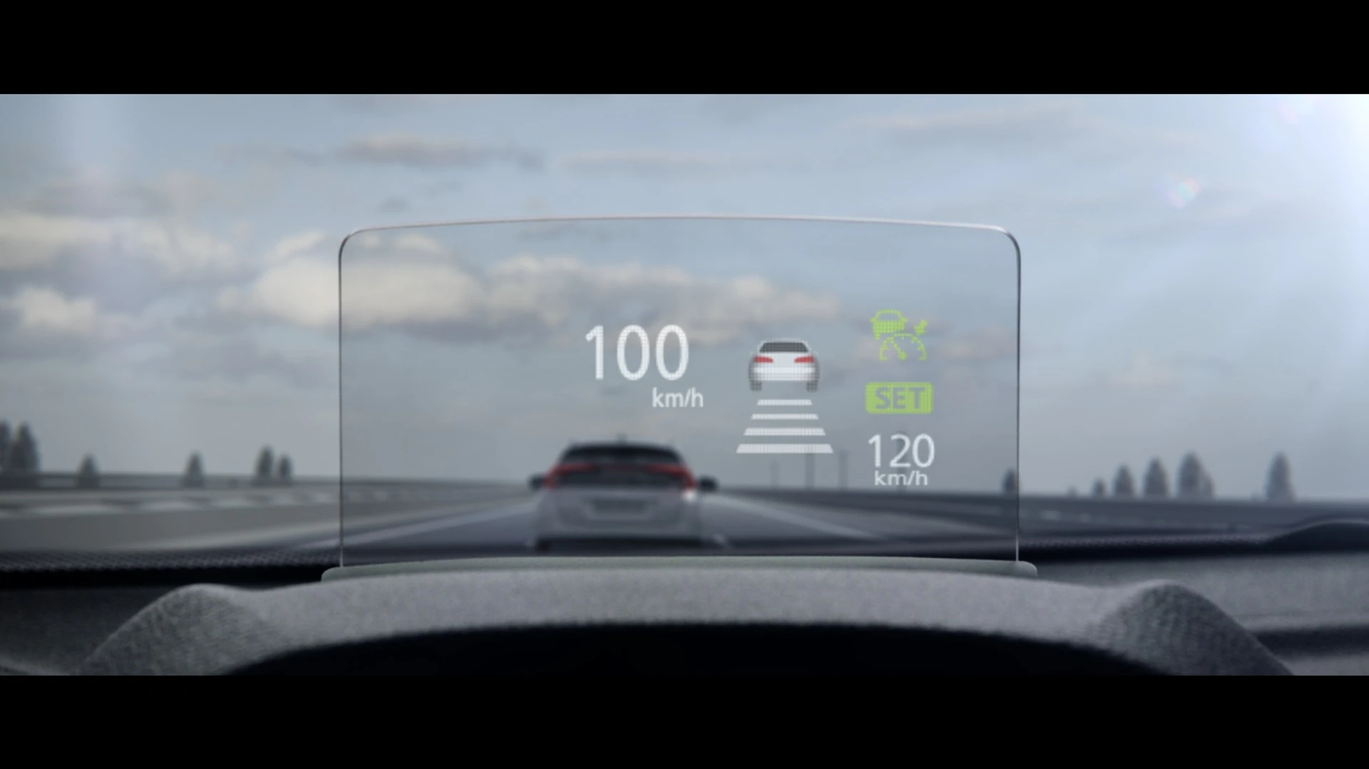 The head-up display shows information like speed, active safety system data and more
