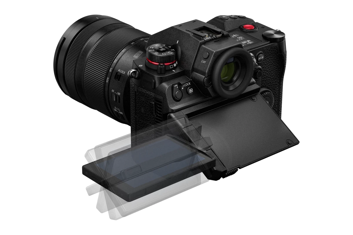 The S1H's rear touchscreen has a double hinge – it tilts up, or folds right out and rotates