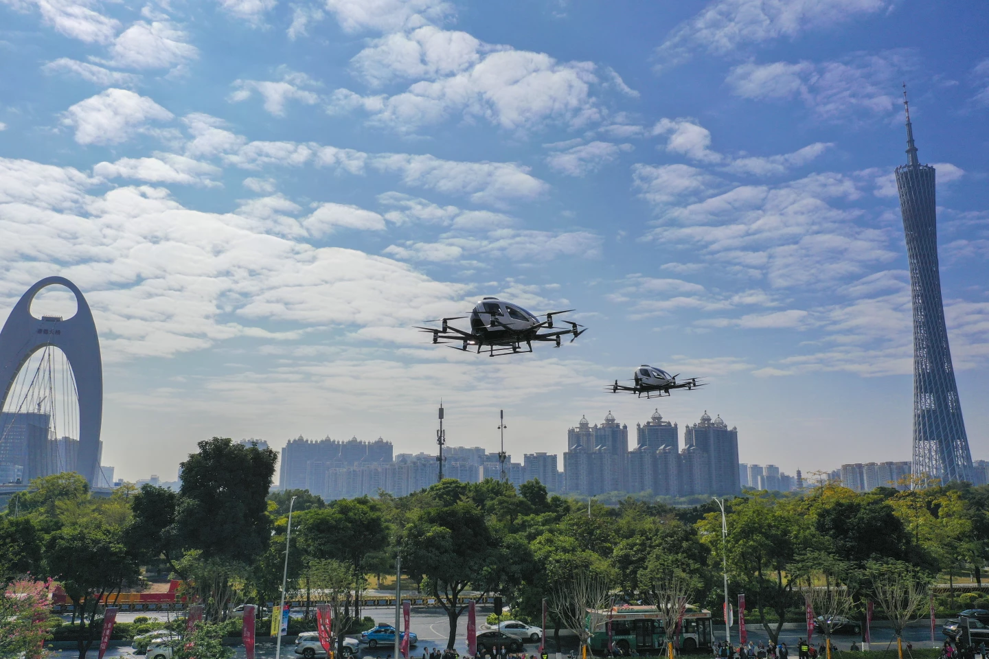 Ehang demonstrating the 216 pilotless air taxi for in-city commercial sightseeing