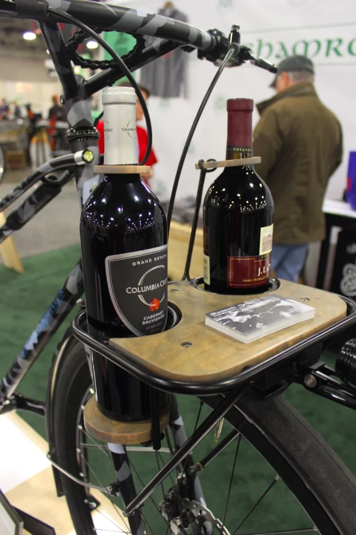 The front rack can carry two bottles of wine