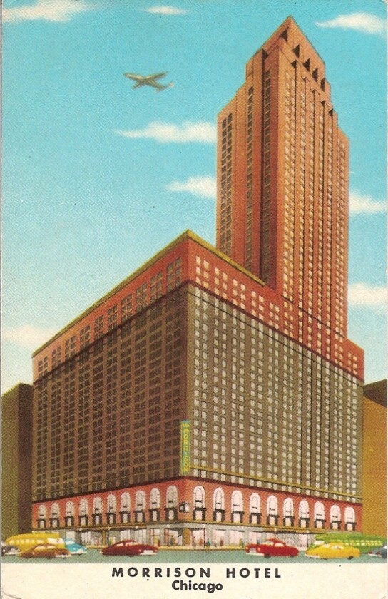 The Morrison Hotel in Chicago. At 160 m and pulled down in 1965, it is the third tallest tower to ever be demolished