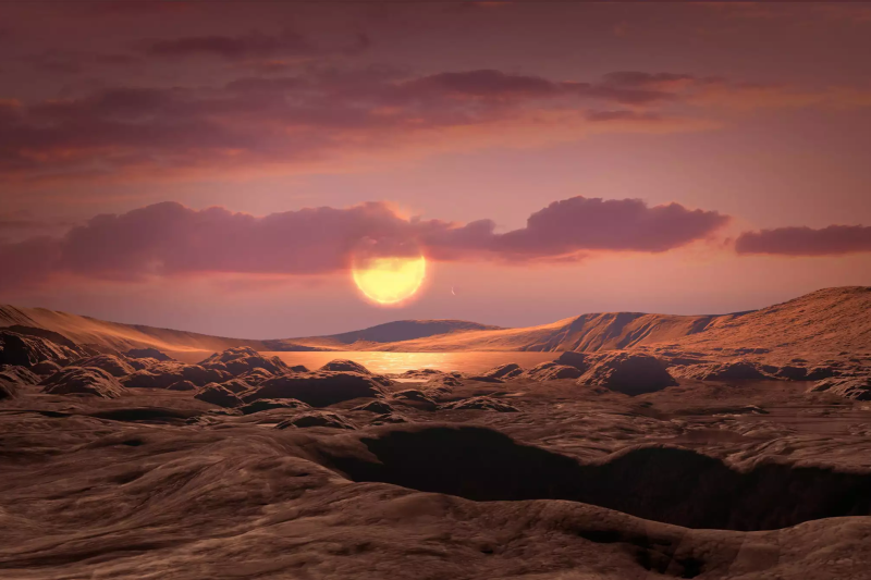 Sun close to horizon on illustration of an exoplanet