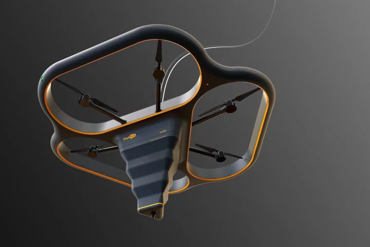 The Fly Elephant 3D printing drone would be fed printing materials through a tube at the top, to be extruded through the nozzle at the bottom