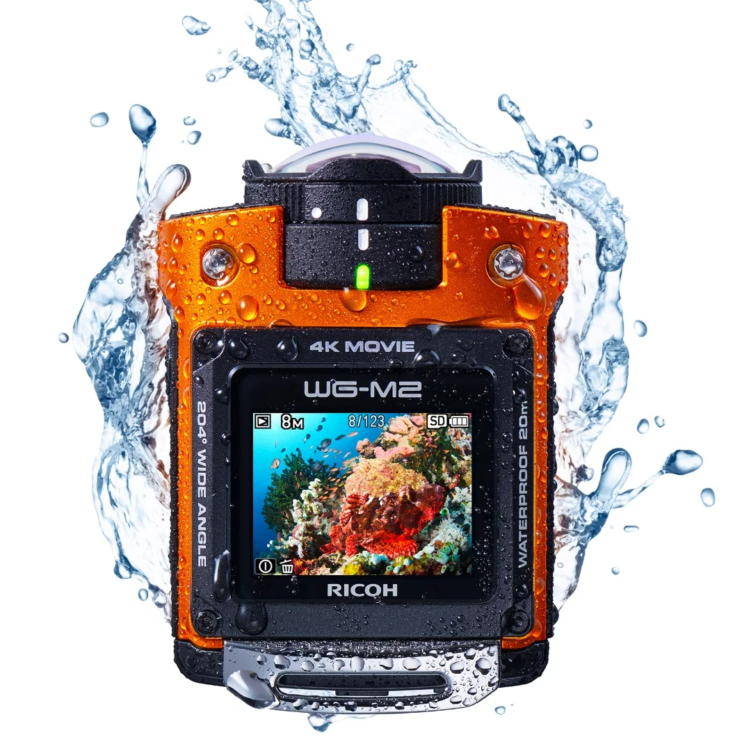The rugged Ricoh WG-M2 is waterproof down to 20 m (65 ft) for two hours