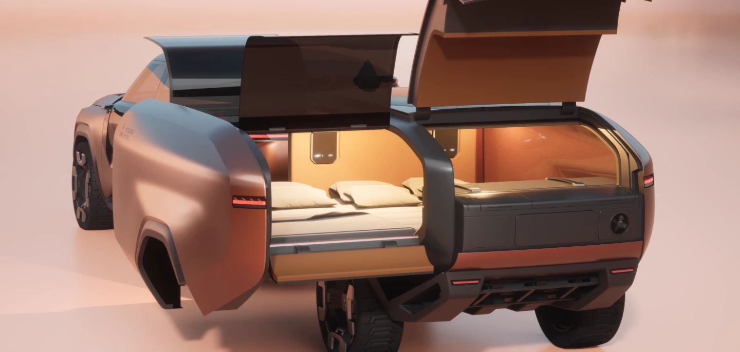 Mitsubishi's take on the teardrop trailer includes a lift-up tailgate that accesses the storage trunk