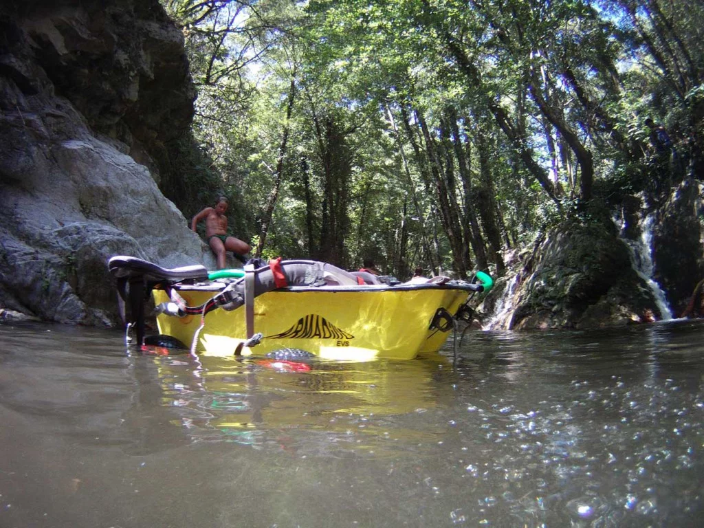 The composite tub floats, allowing you to tow it over water