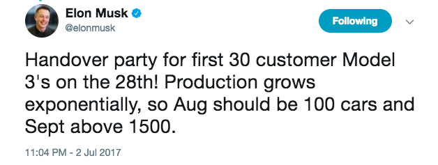 Elon Musk has confirmed the first 30 Model 3s will be handed over this month