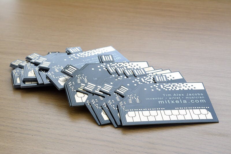 A Stylophone as a business card from Tim Jacobs of Mitxela