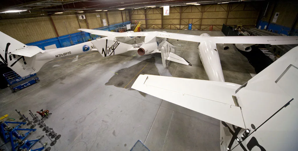 SpaceshipTwo attached to the WK2 launch craft (Photo: Mark Greenberg)