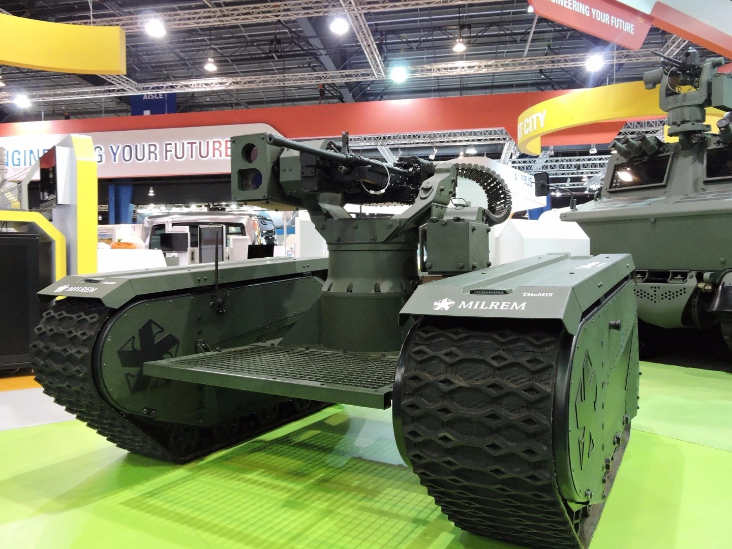 The THeMIS ADDER at the Singapore Airshow 2016 sees a robotic machine gun affixed to the robotic platform