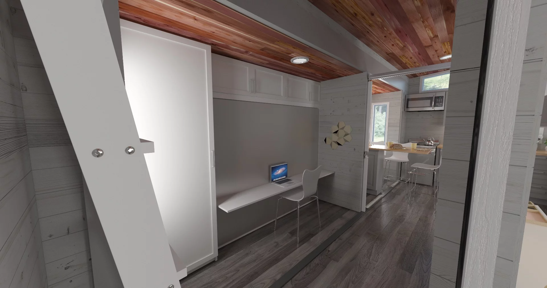 The walls and roof of the Aurora tiny house feature structural insulated panels with an R-rating of R-26 and R-42, respectively