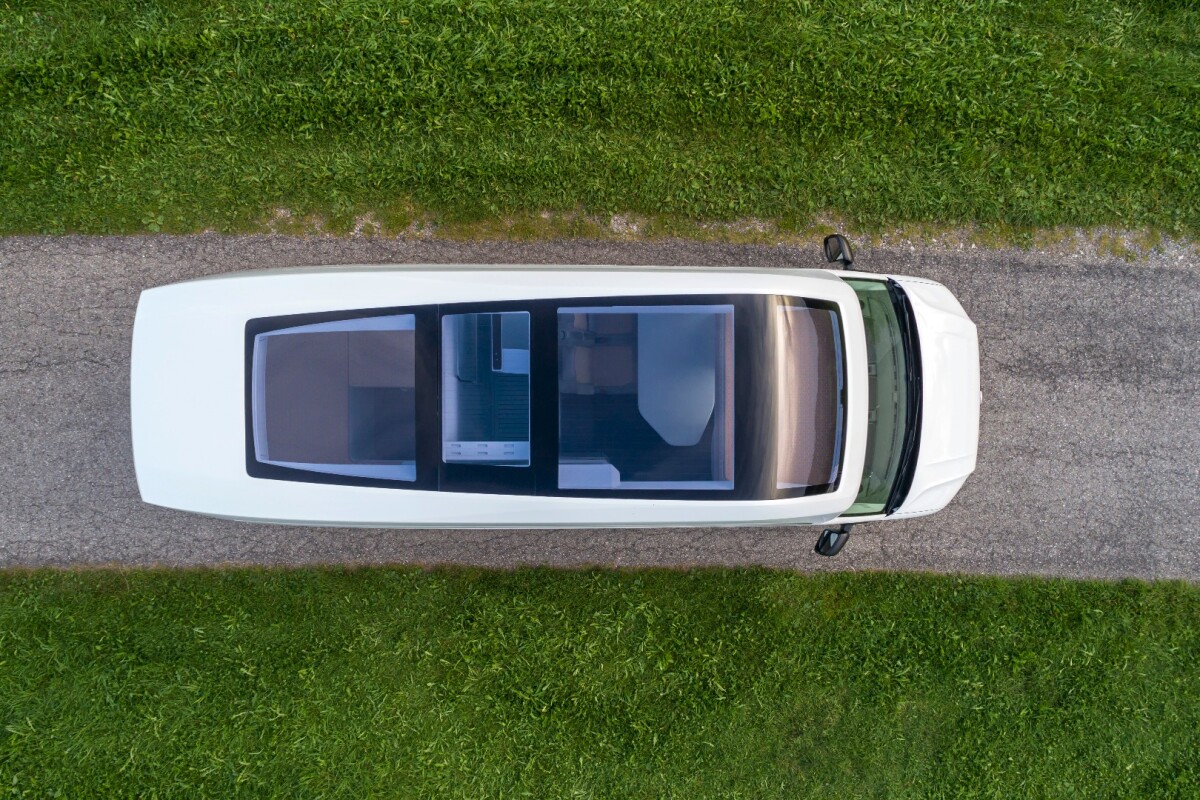 This peek through the panoramic roof shows the VW California XXL Concept in "day mode"