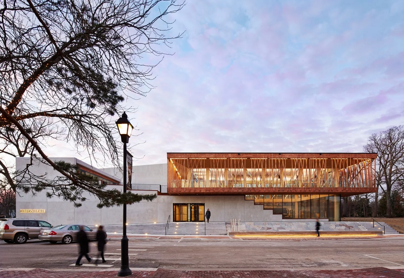 The Writers Theatre covers an area of 36,000 sq f (3,345 sq m)