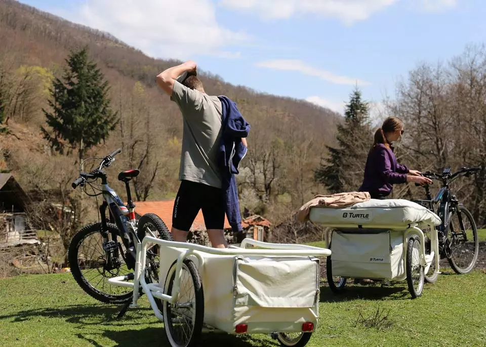 The tent can be removed to allow the B-Turtle to double as a utility bike trailer