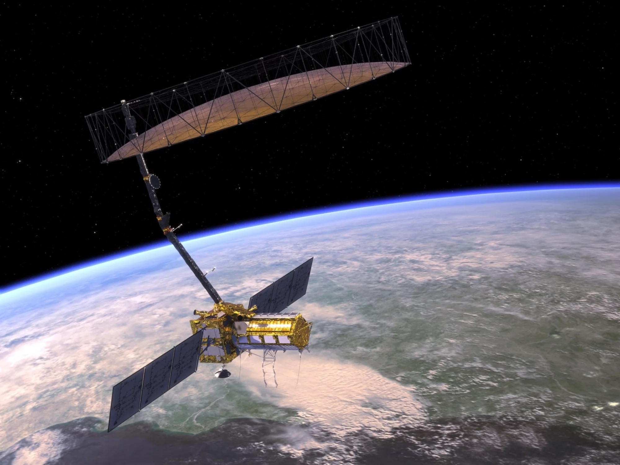 Artist's impression of the NISAR satellite in Earth's orbit
