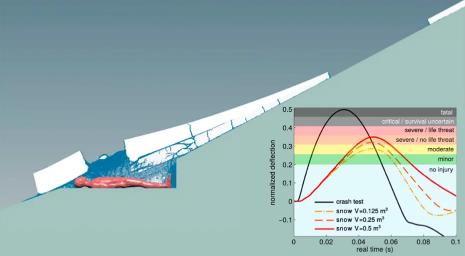 The team ran simulations of the impact of a snow slab on the human body