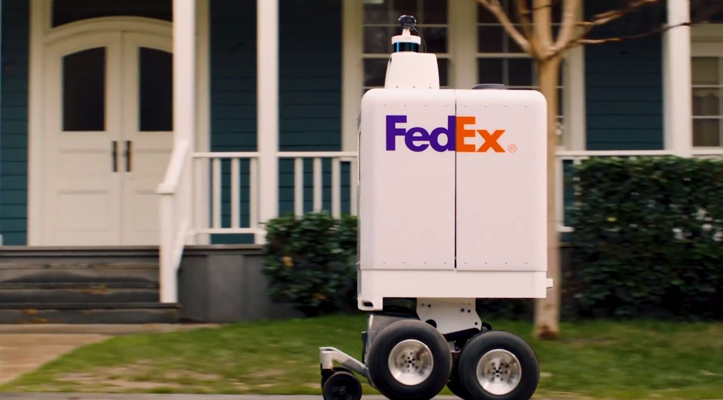 The FedEx SameDay Bot has been designed to roll along sidewalks and roadsides, though is also reported capable of rolling over unpaved surfaces, taking on curbs and tackling steps