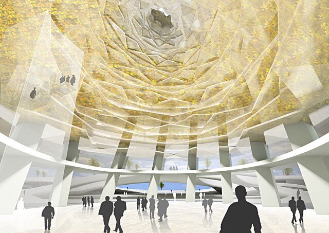 A visualization of the main hall at the foot of the tower, and the atrium which rises the full height of the building