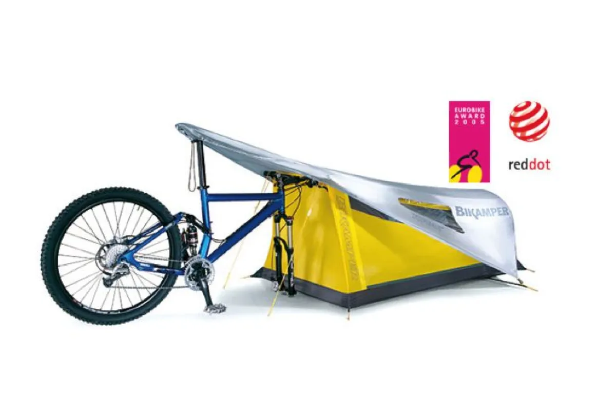 The Bikamper replaces tent poles with the user's bicycle