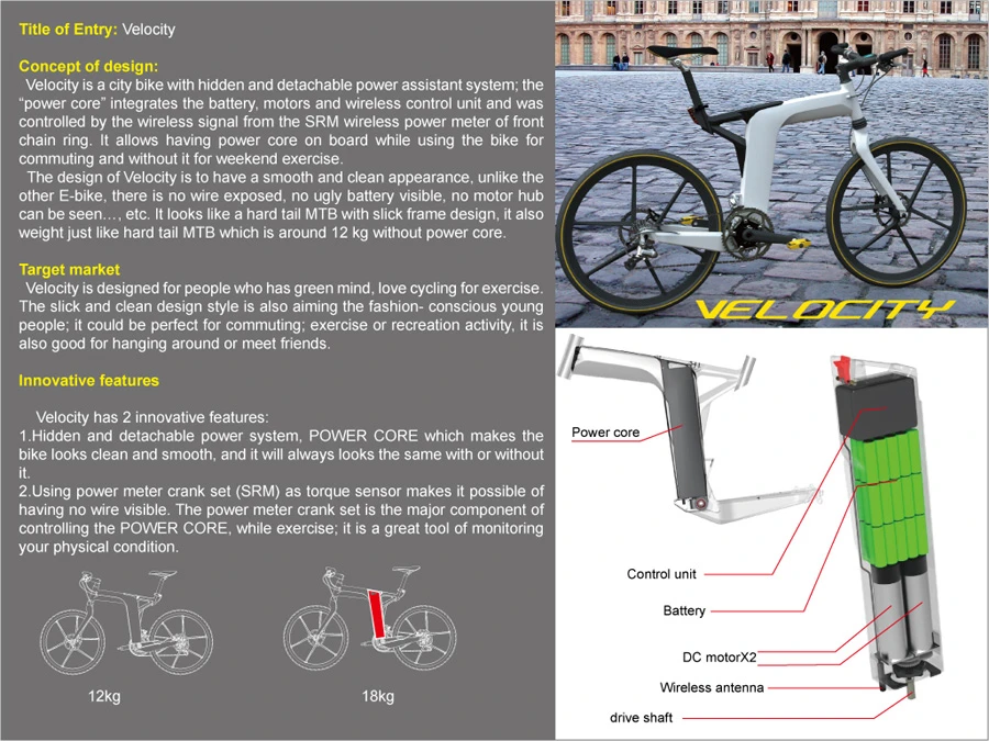 One of Larry Chen's International Bicycle Design Competition presentation boards, outlining the attributes of the Velocity