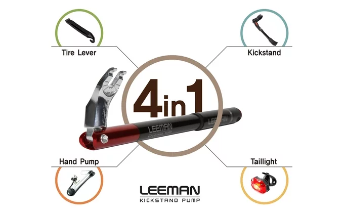 The Kickstand Pump serves not only as a kickstand and pump, but also a tire lever and tail light