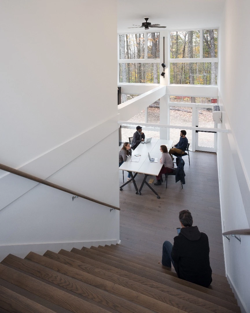 Steps lead to a second floor area in the Bard Media Lab