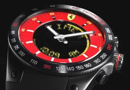 The fully-featured timepiece also includes special Ferrari embossing and that distinctive Ferrari red coloring