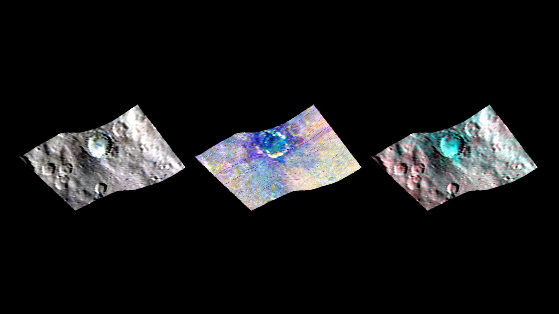 Images of the Hauluni crater – the central false color image highlights the dispirate material thrown out via the impact, represented in blue, standing in contrast to the paler surroundings