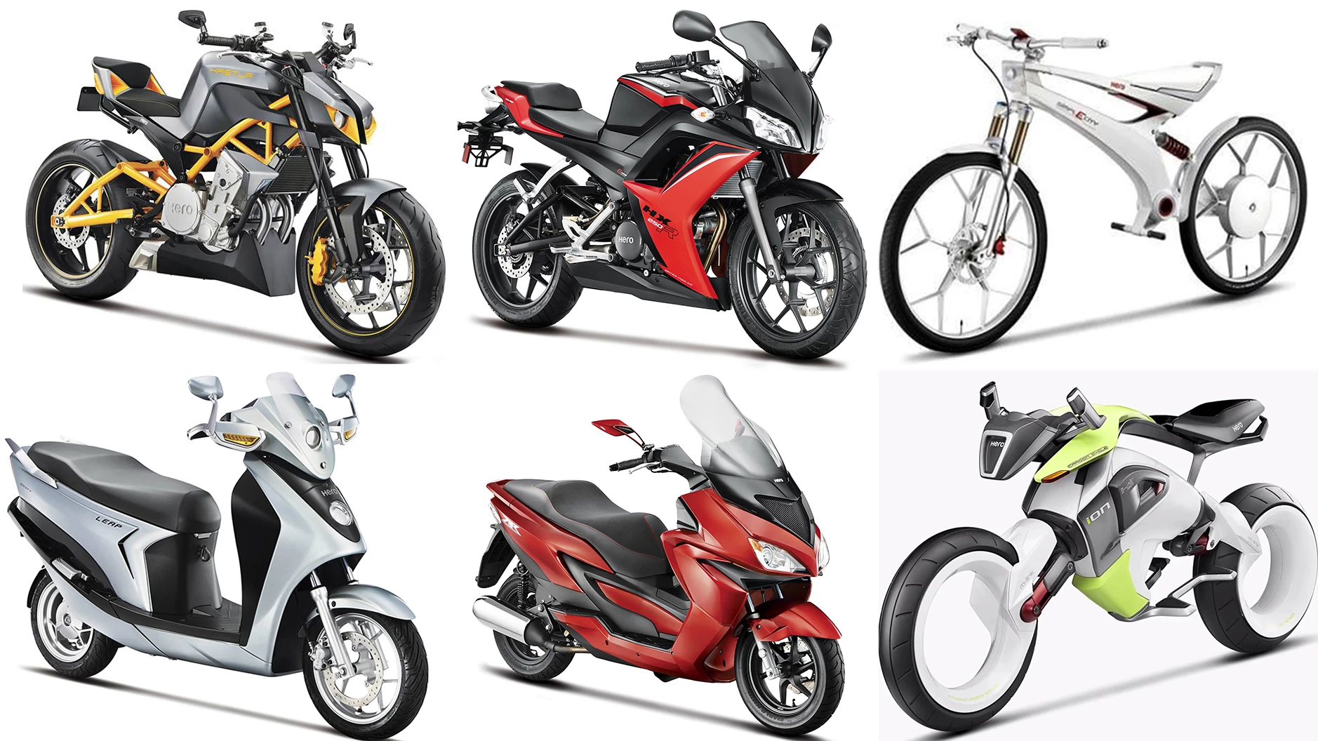 Clockwise from top left: The featherweight Hastur 620cc Streetfighter; lightweight 250cc HX250R sports bike; 35 kg SimplECity urban electric motorcycle; 100 kg "ion" fuel cell prototype with two-wheel-drive, hubless maglev wheels, collision detection & avoidance, telematics, Lithium-Air batteries and futuristic M-Link suspension; ZIR superscooter; LEAP Serial hybrid scooter, world's most fuel-efficient scooter with 200 mpg (U.S.) and 240 mpg (imp) PLUS electric. Not pictured is the RNT hybrid turbo-diesel-electric prototype we covered last week. Exciting times indeed!