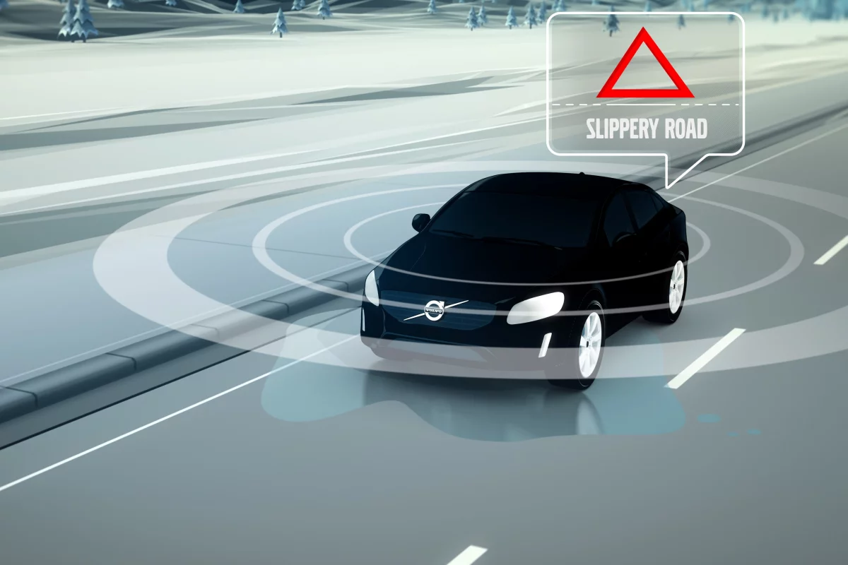 Real-time data about slippery patches on the road is used to warn nearby vehicles nearby