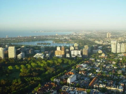 One of the most beautiful business precincts in the world - St Kilda Road runs through parkland - that's the F1 circuit in the background