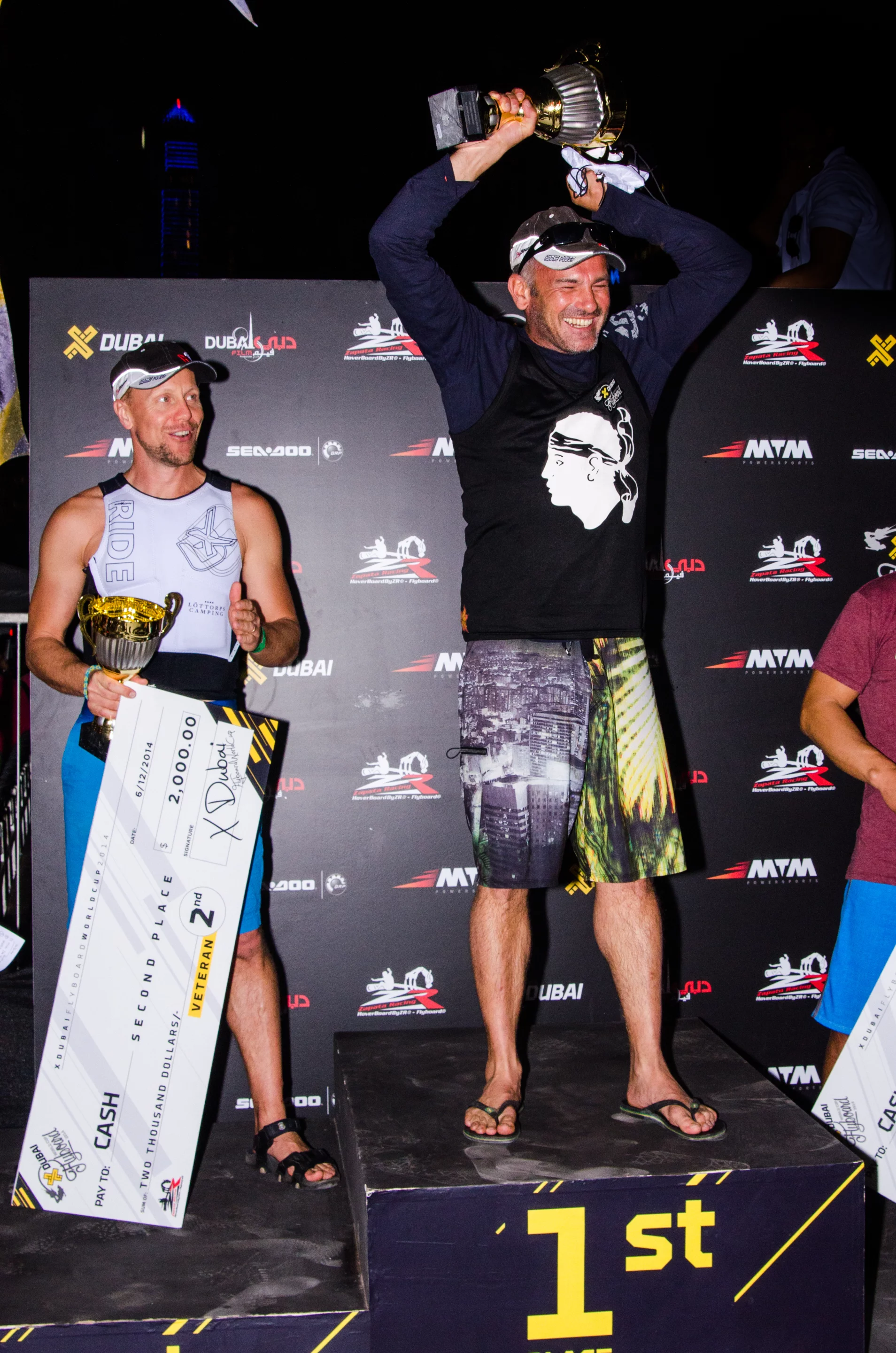 Laurent Calliot of France won the inaugural Veterans Flyboard World Cup held in Dubai, December, 2014 (Photo: Liam McKenna)