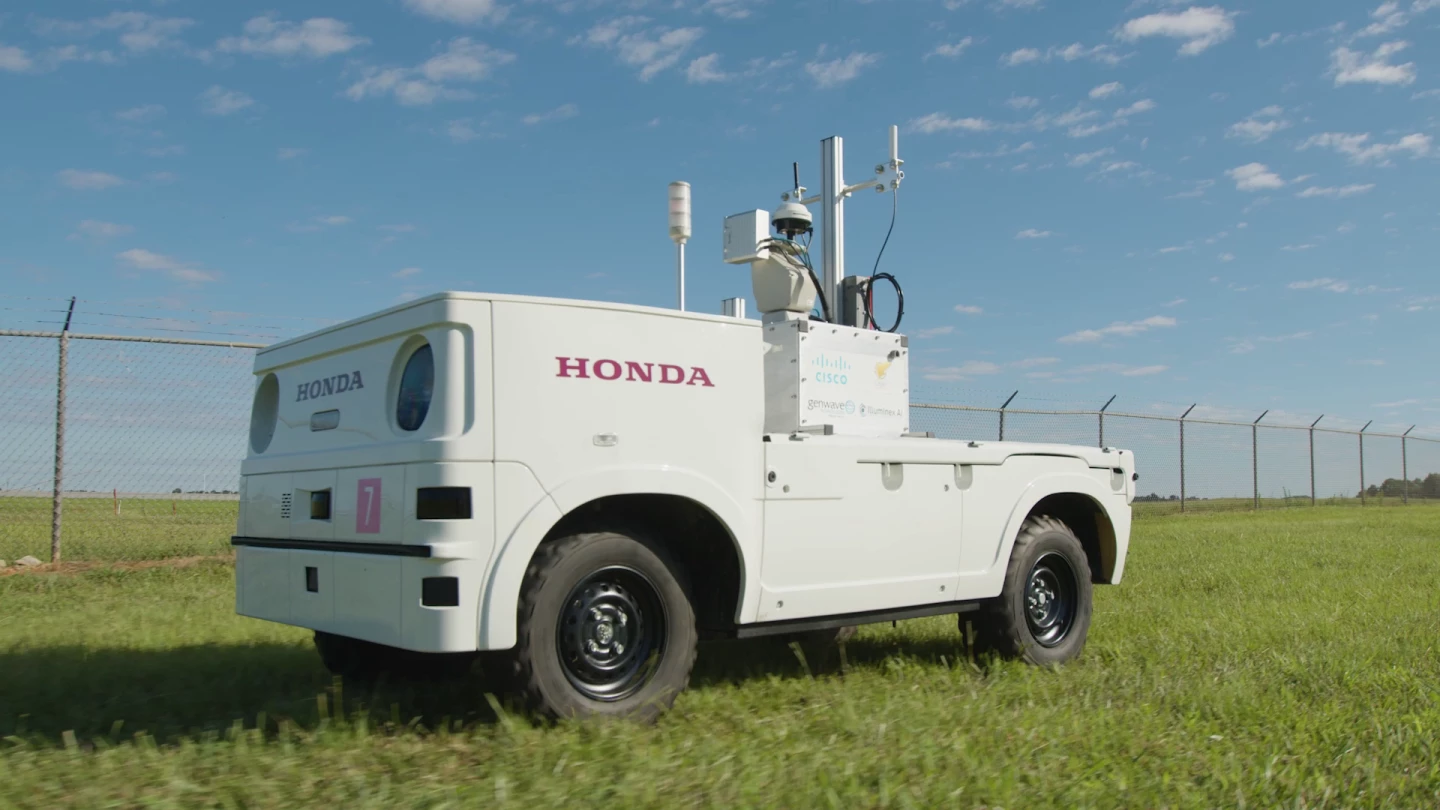 The prototype Autonomous Work Vehicle has been enhanced with use-specific technologies to demonstrate its application as a perimeter fence inspection tool at Toronto Pearson Airport