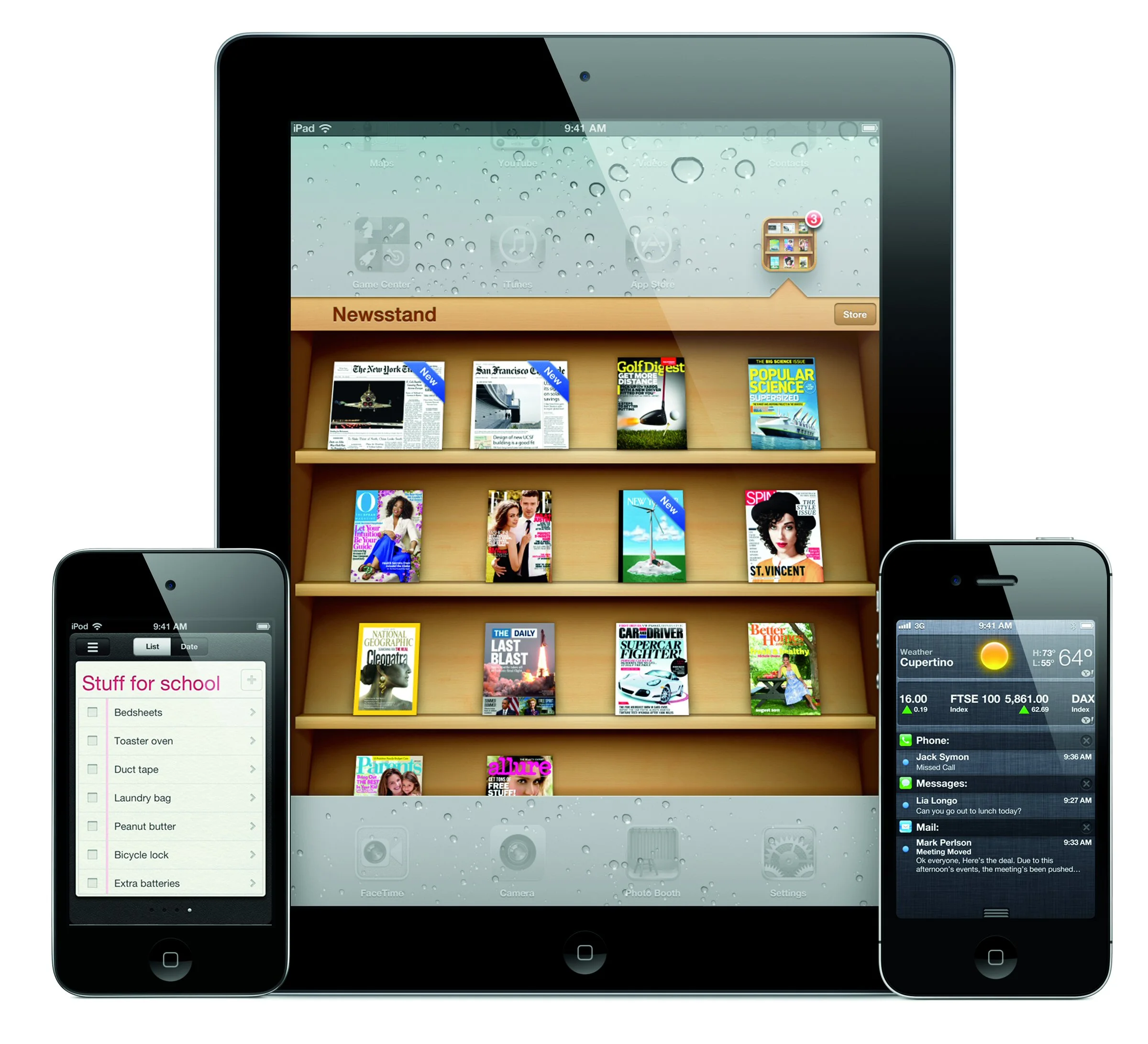 New features in iOS 5 include Newsstand with background downloading of latest subscribed issues, Reminders and Notifications