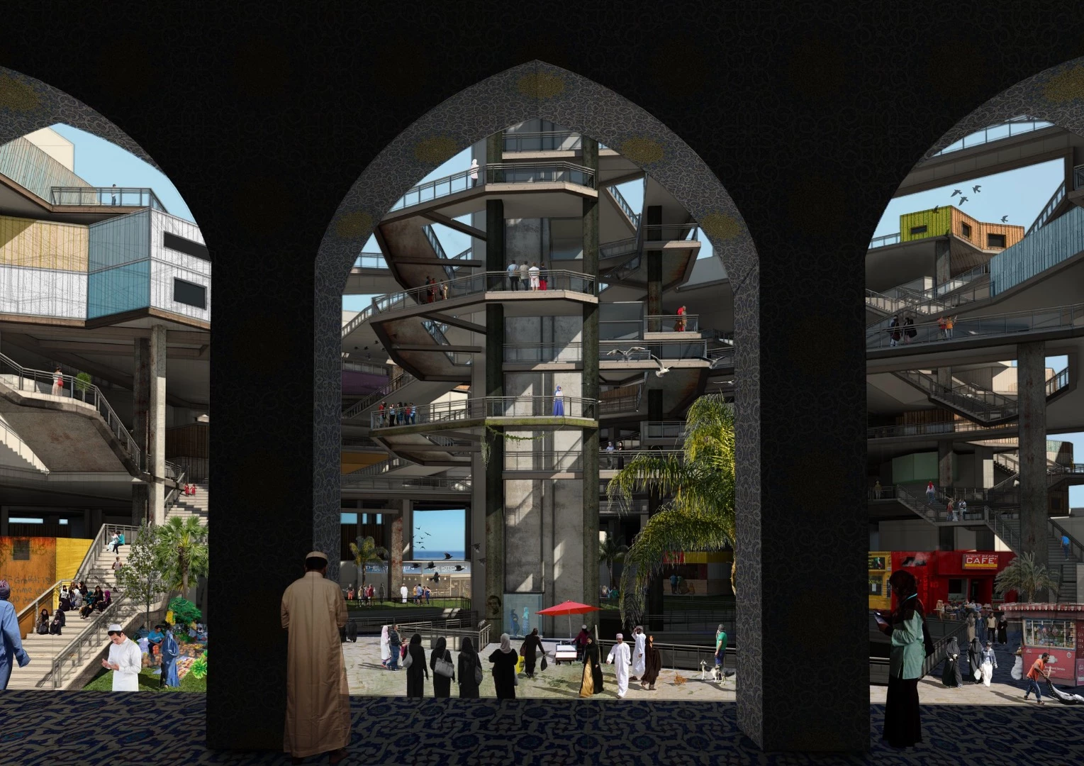 Taking the place of the Maldives' beautiful natural islands, the oil rigs would be veritable cities and include mosques, markets, and retail spaces, in addition to housing