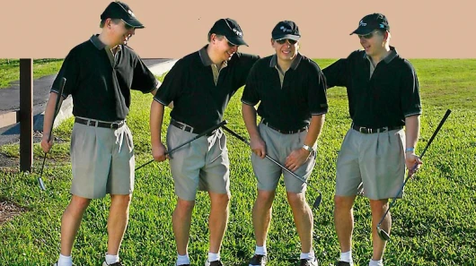 Several versions of inventor Floyd Seskin, one of them wishing he'd brought his Uroclub instead of a regular club